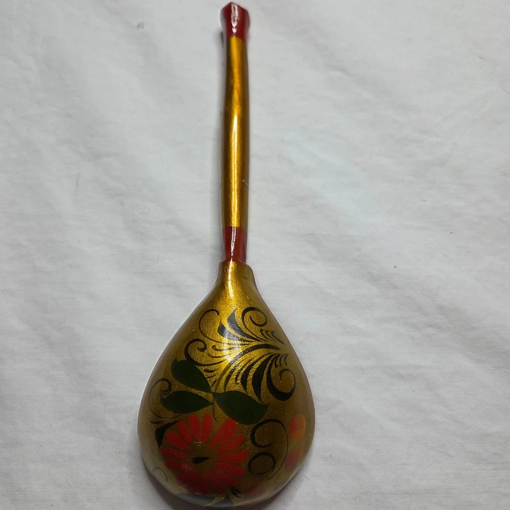 Hand Painted Wooden Spoon Russian Khokhloma Style Floral‎ Design Gold Red Green